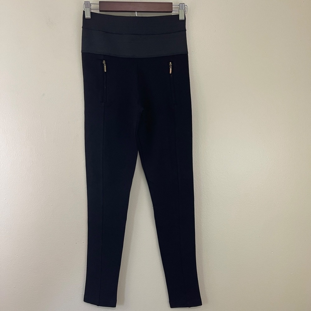 Zara‎ Basic Leggings Medium Black High Waist Pleated Zip Pockets Pull On Career